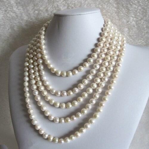 New 60" 6-8mm White Freshwater Pearl Necklace Sweater Chain