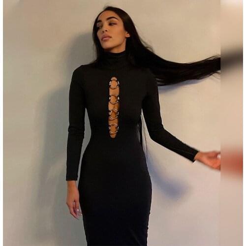 Europe and the United States 2021 spring new womens sexy chest hollow long skirt high neck dress on behalf of hair