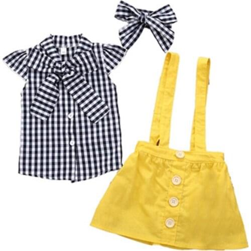 Newborn Baby Girl Clothes Summer Bowtie Plaid Tops +Yellow Overall Skirt +Headband Outfit Baby Girls Set 12 18 24 Months 3 Years