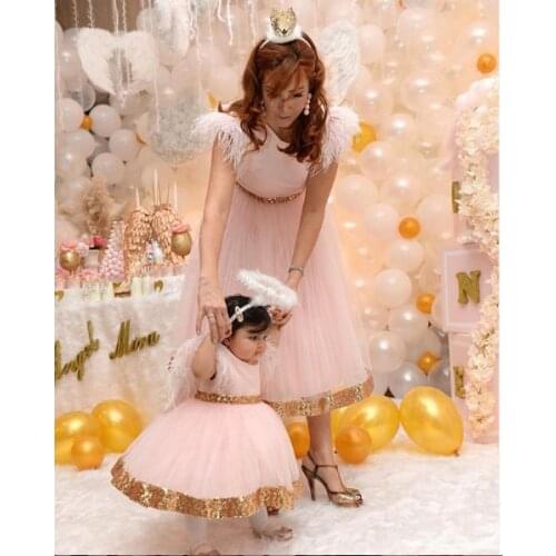 Pink Tulle Gold Sequins Baby Girls Birthday Dress Mother Daughter Matching Clothes Kids Clothes for Party