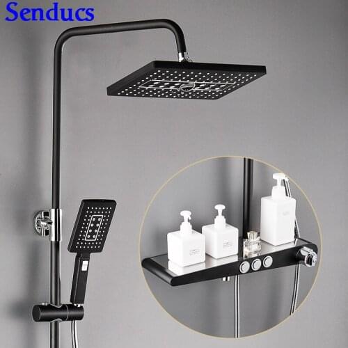 Senducs Thermostatic Shower Set Inthelligent Bathroom Black Shower System Fashion Design Rain Shower Head Brass Shower System