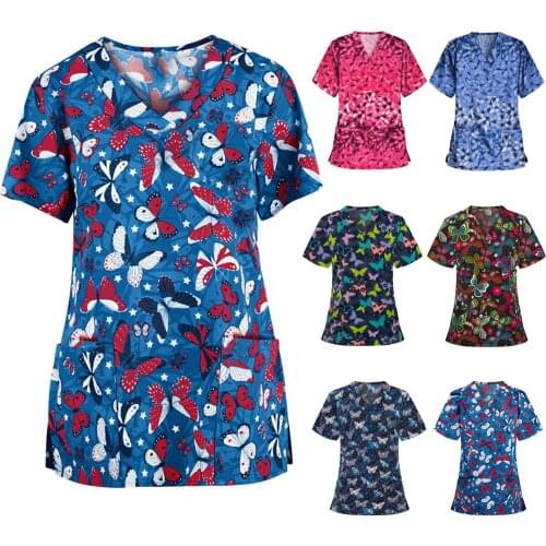 Nurse Uniform Scrubs Women Short Sleeve V-neck Tops Working Uniform Blouse Pocket Butterfly Print Overalls Nurse Accessories q5