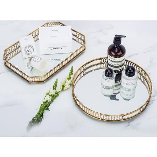 Mirror metal tray rectangular round fruit plate tea tray cake dessert plate cosmetics jewelry storage tray