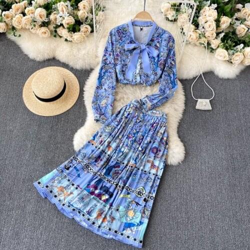 Womens Spring Summer Runway Fashion Bow Collar Print 2 pcs Dress Female Chic Travel Vintage Party Dress TB1830