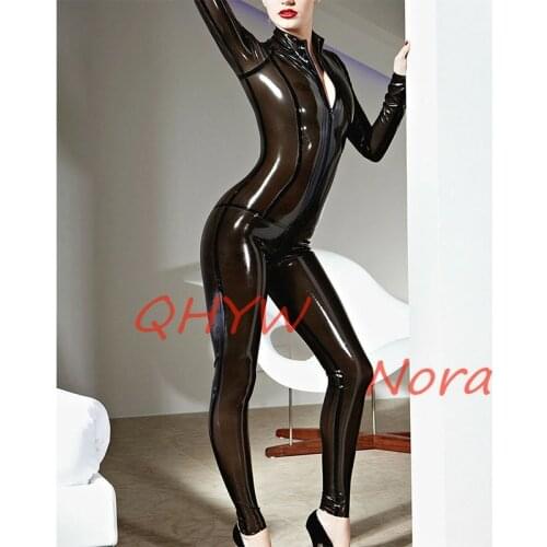 Women Latex Catsuit Transparent Black Rubber Bodysuit with Front Zipper Crotach Zipper Party Wear Halloween Cosplay Costumes