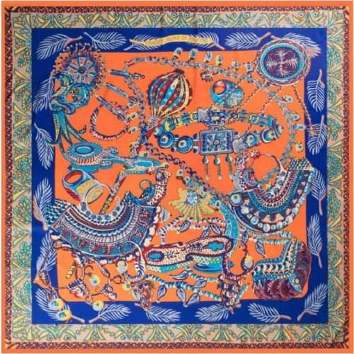 POBING 100% Silk Scarf Women Large Shawls Retro Necklace Print Stoles Square Bandana Luxury Kerchief Scarf Female Foulards 130CM
