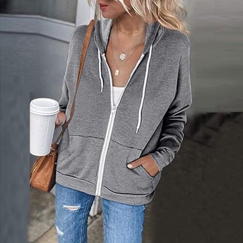 Womens Sweatshirt Drawstring Hoodie Zipper Long Sleeve Lightweight Jacket Female Casual Loose Solid Color Pockets Coat
