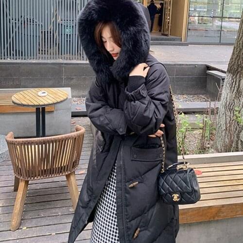 Sister Fara 2021 Winter Women Long Big Fur Collar Down Jacket Thicken Warm White Duck Down Coat Female Parka Down Jacket Coat