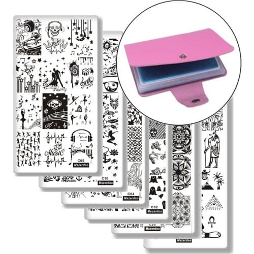 6Pcs Stamping Tool Set Music ROCK Note Skull Series Stamping Plates and 1Pcs 20-Slots Nail Art Template Holder Organizer Bag