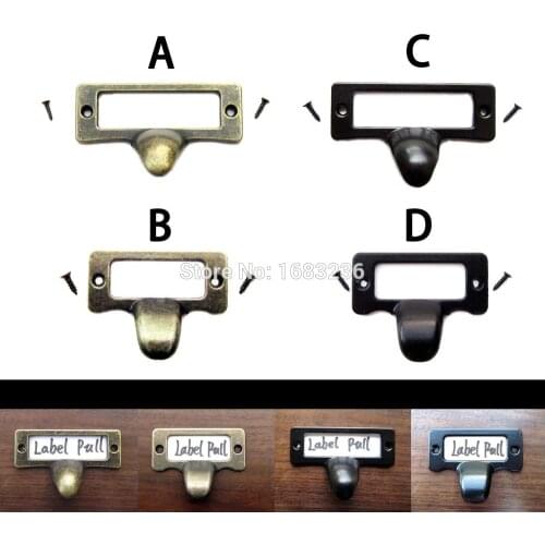 6x Antique Brass Black Vintage Metal Label Pull Frame Handle File Name Card Holder For Furniture Cabinet Drawer Box Case Bin