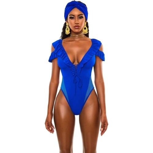 African Mesh Swimwear One Piece Lace Up Swimsuit Women High Cut Trikini Off Shoulder Ruffled Monokini Brazilian Bathing Suit