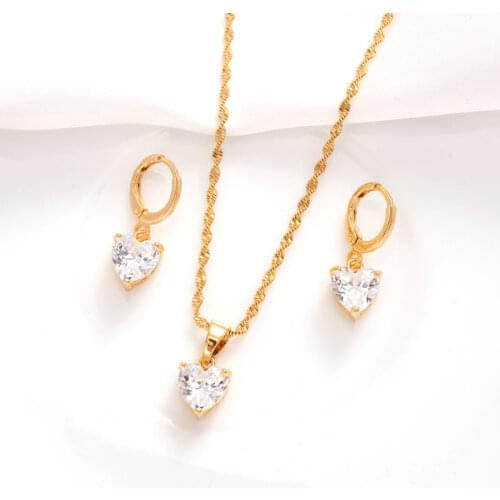 White Rhinestones Love Heart Pendant Fine Solid 9k Gold CZ Necklace Earrings Set Costume Jewellery