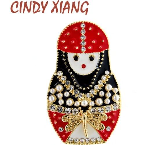 CINDY XIANG Red Color Enamel Russia Matryoshka Brooch Pearl Rhinestone Brooches For Women New Creative Jewelry Pin