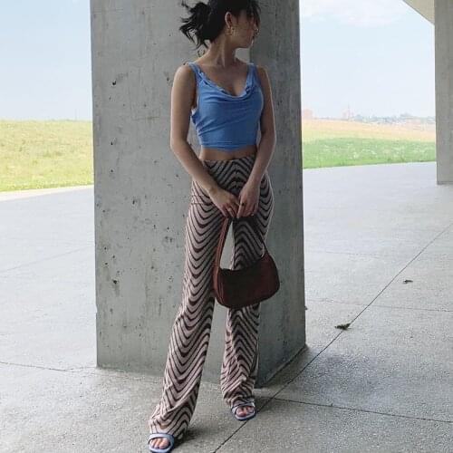 Wave Stripe Women Pant Casual Wide Leg Vintage Summer Fashion Pant 2021 Streetwear High Waist Elastic Waist Brown Women Pant