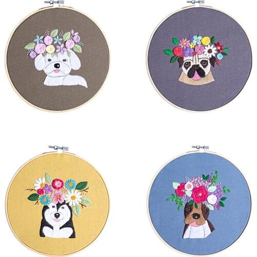 Flower Pet Dog Beginner Starter Unfinished Embroidery Kit Sewing Cross Stitch Set Hoop Thread Tools DIY Crafts Materials Package