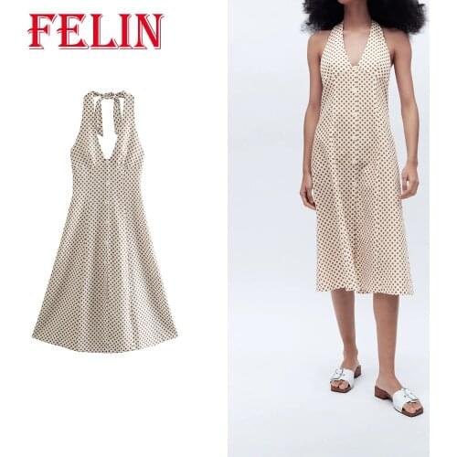 FELIN Za 2021 Women Sundress Polka Dot Linen Dress Sleeveless V-Neck High Street Dress Sexy Stylish Party Vestidos