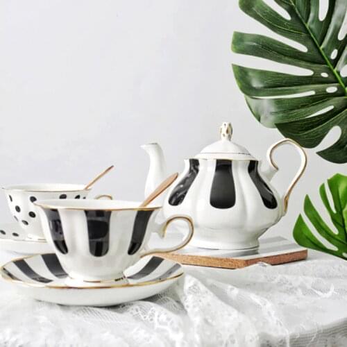 Ceramic Coffee Cup Afternoon Tea Drinkware Set Golden Rim Milk Tea Mug Milk Kettle Black Polka-dot Striped Teapot Dessert Dish