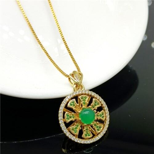 Micro Inlaid Rotation Circle Pendant Chain For Women Girl Yellow Gold Filled Elegant Green Stone Accessories