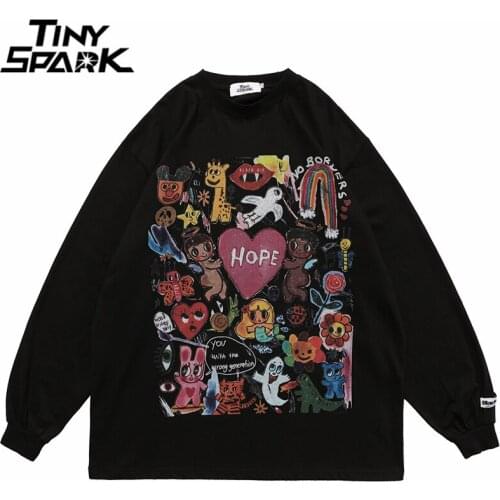 Oversize T Shirt Men Hip Hop Streetwear Painting Letter Heart Rainbow Angels Print Tshirt Harajuku Cotton Long Sleeve T-Shirt