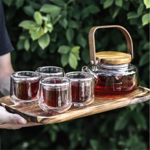 Tea Set Glass Flower Tea Pot 4 Cups With Wood Tray Heat Cold Resistant Teapot Teaware