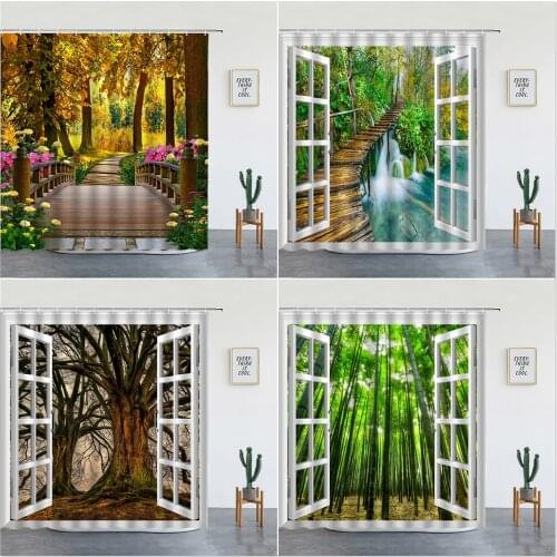 Window Forest Landscape Shower Curtains Set Autumn Trees Print Wall Hanging Luxury Bathroom Decor Bathtub Screen Washable Cloth