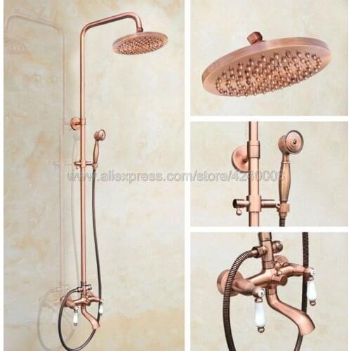 Antique Red Copper Bathroom Wall Mount Shower Faucet 8'' Rainfall Shower Head Hand Shower Mixer Tap Krg573