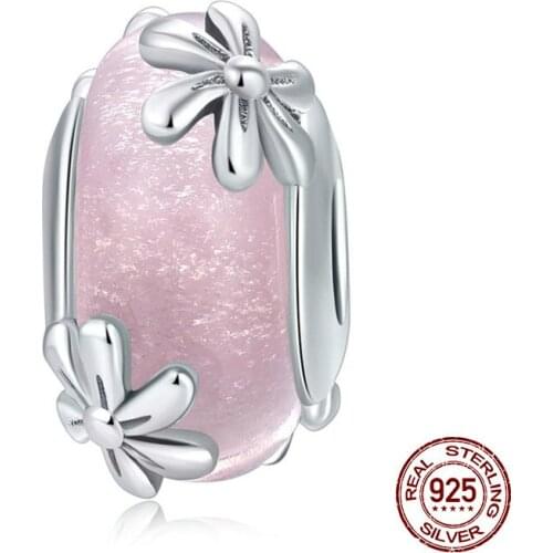 Genuine 925 sterling silver pink glass beads spring flowers fit bangle charm bracelet & necklace pendant making jewelry