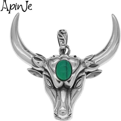 Apinje Real 925 Sterling Silver Pendant Men Women Punk Green Stone Necklace Pendants Zodiac Constellation Cattle Vintage Jewelry