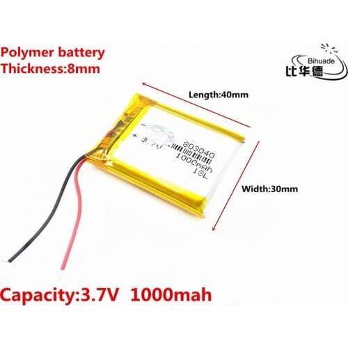 Size 803040 3.7v 1000mAh li-ion Lipo cells Lithium Li-Po Polymer Rechargeable Battery For interphone Mobile devices Bluetooth