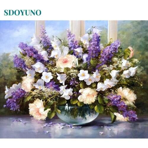 SDOYUNO Oil Painting By Numbers DIY Frameless acrylic pictures by numbers 60x75cm purple Flowers On Canvas Digital Painting