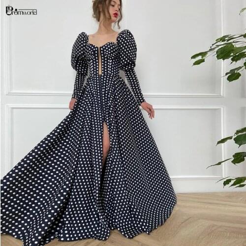 Sexy Slit Black Prom Dresses 2021 New White Dots Satin Long Sleeves Formal Evening Gowns Sweetheart A-Line Vestidos De Fiesta