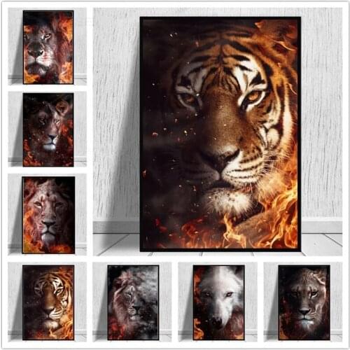 Ferocious Animals In The Fire Poster Inspirational Canvas Art Painting Family Childrens Room Bedroom Wall Decoration Frameless