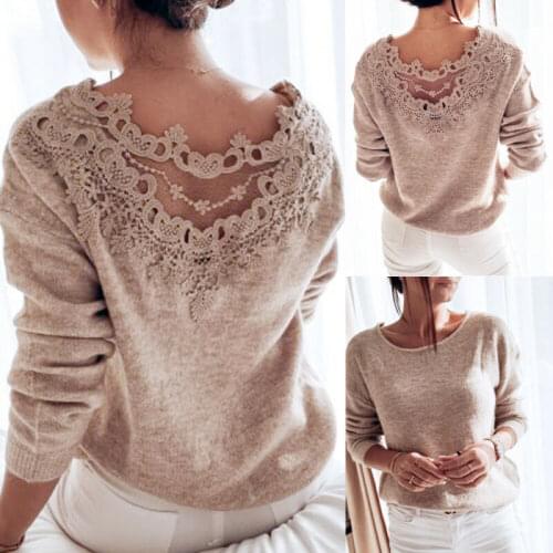 Womens Sweaters Winter Pullover Elegant Lace Backless Long Sleeve Jumper Top Knitted Sweater Female Ladies Womens Clothes