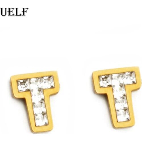 Uelf Tiny T Letter Crystal Studs Earrings Stainless Steel Female Earrings Mini Small Childern Earring d Ear Oorbellen
