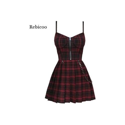 Spring Autumn Preppy Style Gothic Girls Sexy Sling Dress Red Balck Pleated Plaid Women Sleeveless Mini Short Dresses
