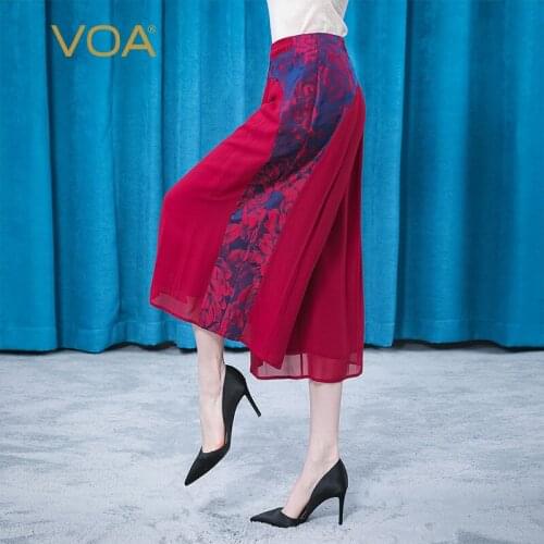 VOA Silk Yarn-dyed Jacquard Double-layer Georgette Stuffing Folding Pocket Fashion Casual Seven-point Wide Leg Pants Women KE360