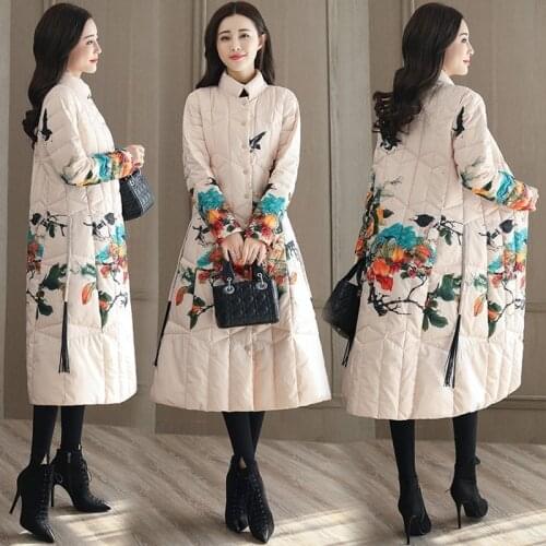 Vintage Autumn Winter Long Parka Jacket Women Printed Coat Female Slim Elegant Thick Warm Casual Overcoat Plus Over Size XXXL