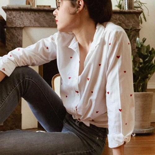Heart Embrodiery Shirt femme Long Sleeve Turn Down Neck Chic Elegant Blouse Chemises Casual Patchwork Vintage Hauts Tunic 2021