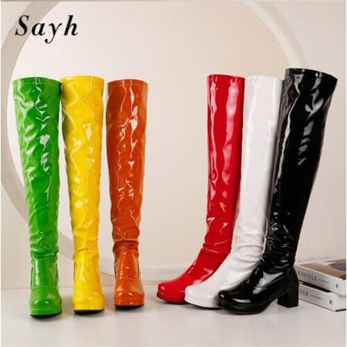 Woman Over The knee Boots Round Toe Fluorescent Patent Leather Thick Heels Boots Runway High Heels Thigh Bootie Shoes Size