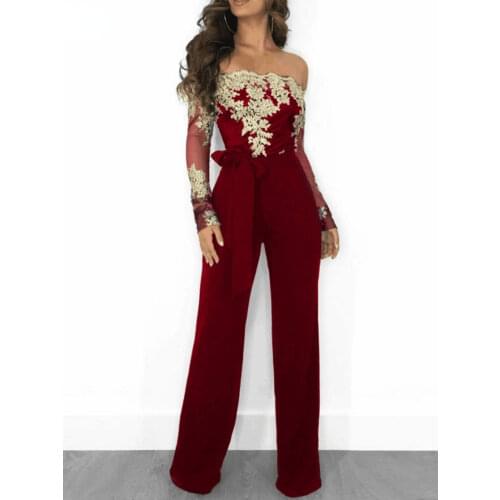Women Overalls Jumpsuit Autumn Lace Tulle Off Shoulder Slash Neck Gold Embroidery Waistbelt Elegant Femme Office Casual Clothing