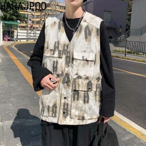 Harajpoo Women Vests Street Retro Hip-hop Tie-dye Workwear Male Spring Autumn Korean Version Wild Loose Sleeveless Couple Jacket