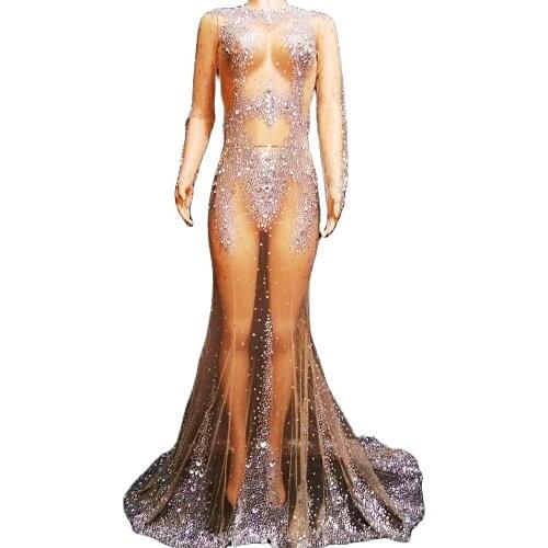 Nightclub Dance Show Wear Rhinestones Mesh Gauze Backless Perspective Floor-Length Dress Shiny Dress For Women Stage Outfit