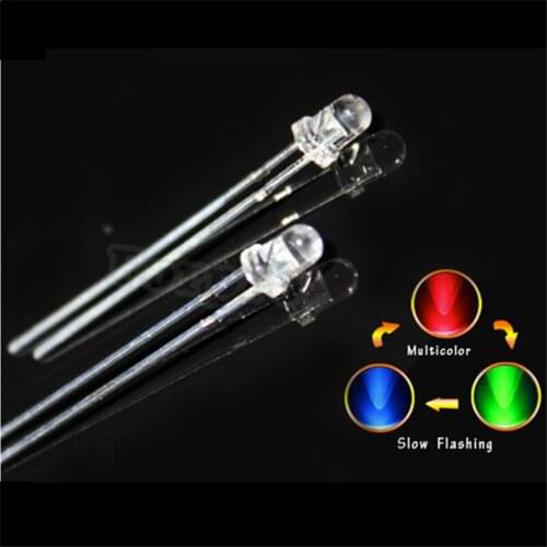 100pcs 3mm Transparent RGB Slow Flash/Fast Flash Round Light Emitting Diode LED Blinking Multicolor Flicker Diode short legs