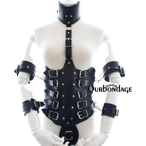 Ourbondage Women PU Leather Whole Waist Harness Bondage Body With Collar and Armbinder Handcuffs and Chastity Belt For Women