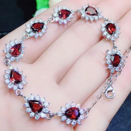 Natural real red garnet drop style chain bracelet 925 sterling silver 5*7mm 1ct*9pcs gemstone Fine jewelry For men women Q216248