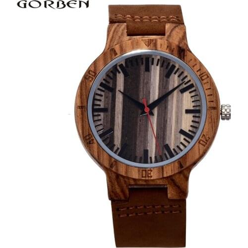 Men Watches Classic Stripe Wooden Dial Unique Design Quartz Wood Wrist Watches with Brown Leather Band for Men Women