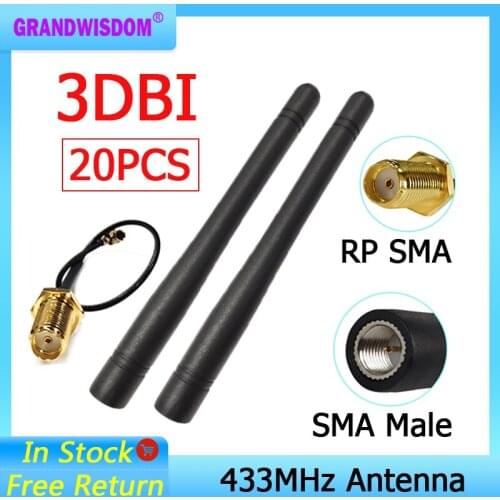 20pcs 433MHz antenna 3dBi lora lorawan IOT Male Connector antenne 433 mhz antena +21cm RP-SMA to ufl./ IPX 1.13 Pigtail Cable