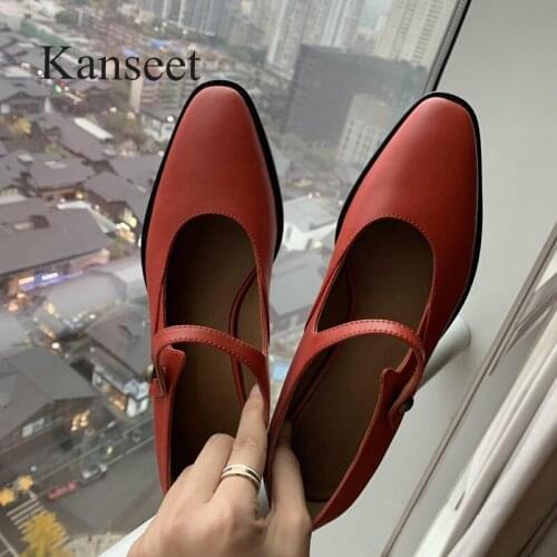 Kanseet Womens Shoes 2021 Spring Autumn Concise Genuine Leather Low Heels Handmade Buckle Shallow Mouth Women Pumps Red Size 40