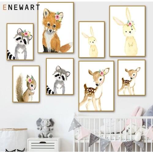 Watercolor Animal Rabbit Deer Squirrel Poster Nursery Print Cartoon Wall Art Canvas Painting Nordic Kid Baby Room Decor Picture