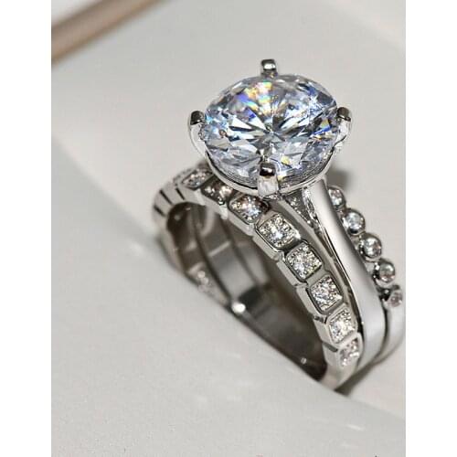 Luxury 925 Silver Jewelry Rings 3 in 1 Zircon Gemstones Finger Ring Set Accessories for Women Wedding Engagement Promise Party